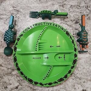 Constructive Eating Green Dinosaur Plate And Utensils Feed Kids Creatively